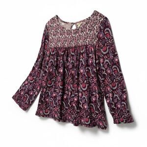 Lucky Brand Blouse Womens XL Pink Blue Floral Bell Sleeve Smocked Keyhole Button